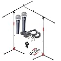 GRIFFIN 2 Pack Mic Boom Stands (StageLOCK Series) with Cardioid Microphones, XLR Cables & Clips - Telescoping Arm, Tripod Mount - Studio, Karaoke