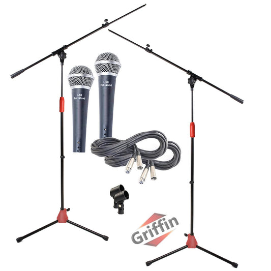 GRIFFIN 2 Pack Mic Boom Stands (StageLOCK Series) with Cardioid Microphones, XLR Cables & Clips - Telescoping Arm, Tripod Mount - Studio, Karaoke