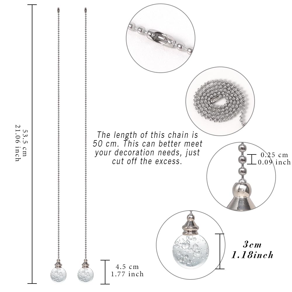 2pcs Clear Crystal Ceiling Fan Pull Chain Crystal Bubble Ball 30mm Dazzling Pull Chain Extension with Connector for Ceiling Light Fan