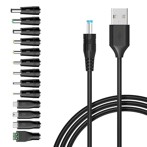 Belker Universal 5V DC 5.5 2.1mm Jack Charging Cable Power Cord, USB to DC Power Cable with 14 Interchangeable Plugs Connectors Adapters Compatible