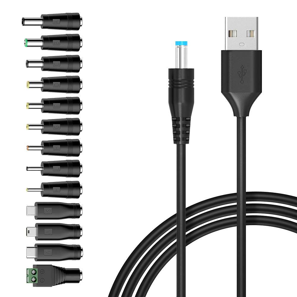 Belker Universal 5V DC 5.5 2.1mm Jack Charging Cable Power Cord, USB to DC Power Cable with 14 Interchangeable Plugs Connectors Adapters Compatible