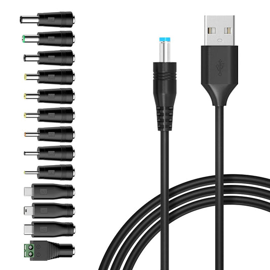 Belker Universal 5V DC 5.5 2.1mm Jack Charging Cable Power Cord, USB to DC Power Cable with 14 Interchangeable Plugs Connectors Adapters Compatible