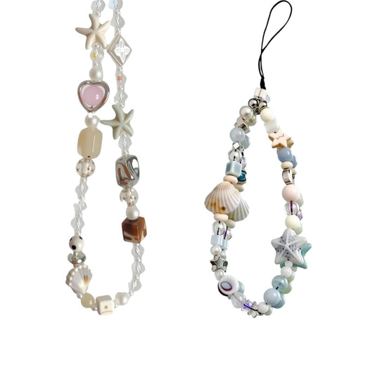 Hujnagh 2 Pcs Phone Charm Strap, Beach Style Beaded Lanyard for Phone Camera Wrist Strap, Starfish Heart and Shell Starfish Design, Cute Wrist Charm