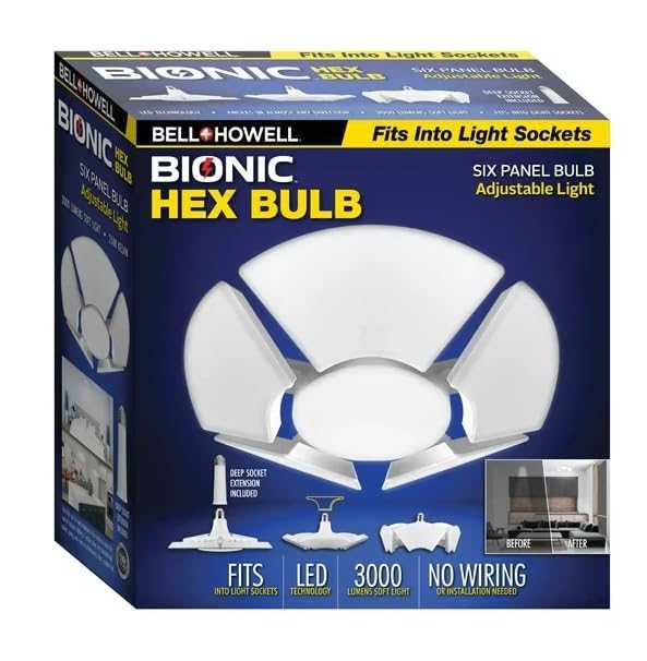 Bell+Howell Hex Bulb E26 LED Garage Light 6 Panel Deformable Shop Light Ceiling Light High-Intensity Lighting with 144 LED Bulbs for Attic, Basements