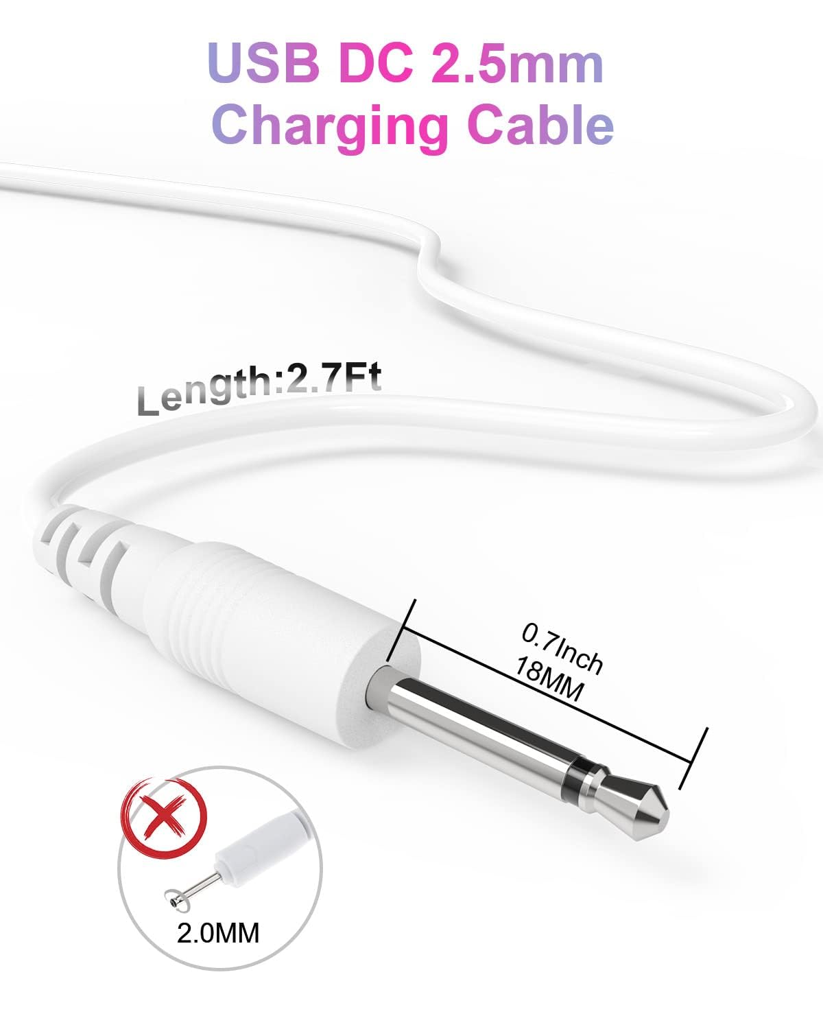Bicmice USB DC Charging Cable 2.5mm DC Charger Cord 2.7Ft Replacement for Massager-3 Pack(White)
