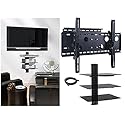 2xhome - New TV Wall Mount Bracket (Single Arm) & Three (3) Triple Shelf Package - Secure Cantilever LED LCD Plasma Smart 3D WiFi Flat Panel Screen