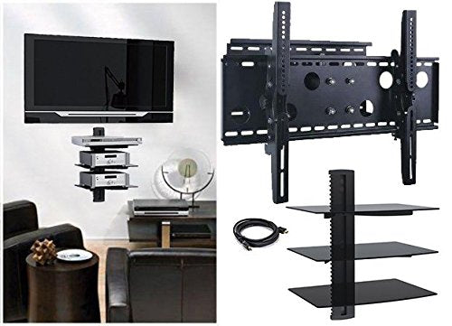 2xhome - New TV Wall Mount Bracket (Single Arm) & Three (3) Triple Shelf Package - Secure Cantilever LED LCD Plasma Smart 3D WiFi Flat Panel Screen