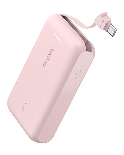 Belkin Portable Charger Power Bank USB C, 10000 mAh w/Integrated Cable, 20W Fast Charge USB-C Power Delivery, iPhone Charger, Apple iPhone 17, Air