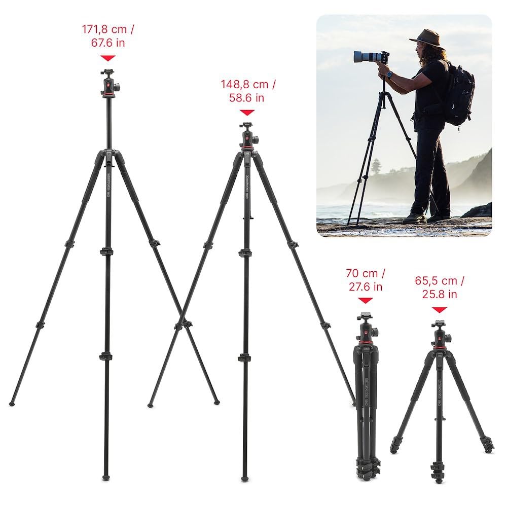 Manfrotto 190X AS, 3-Section Aluminum Camera Tripod, Photo-Kit with Ball Head, Ground Level, Arca-Swiss Plate, Quick Power Lever Lock, 22lbs Payload