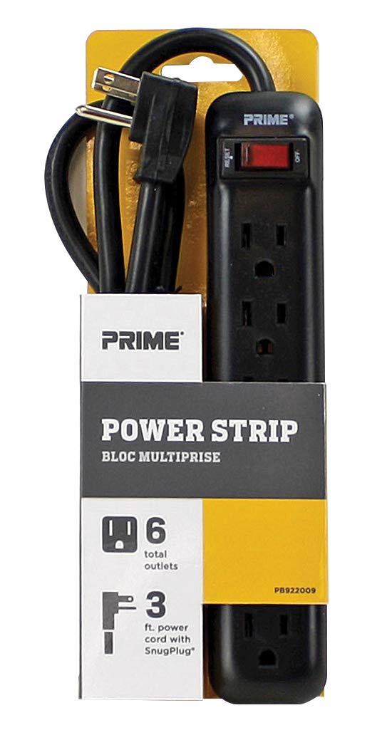 Prime Wire & Cable PB922009 6-Outlet Power Strip with Right Angle Plug and 14-3 SJT 3-Feet Cord,Black