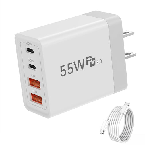 USB C Wall Charger, 55W 4-Port Fast USB C Charger Block, Dual Port QC 3.1A + PD 20W Power Adapter Multiport Type C Charging Block Cable for iPhone 17