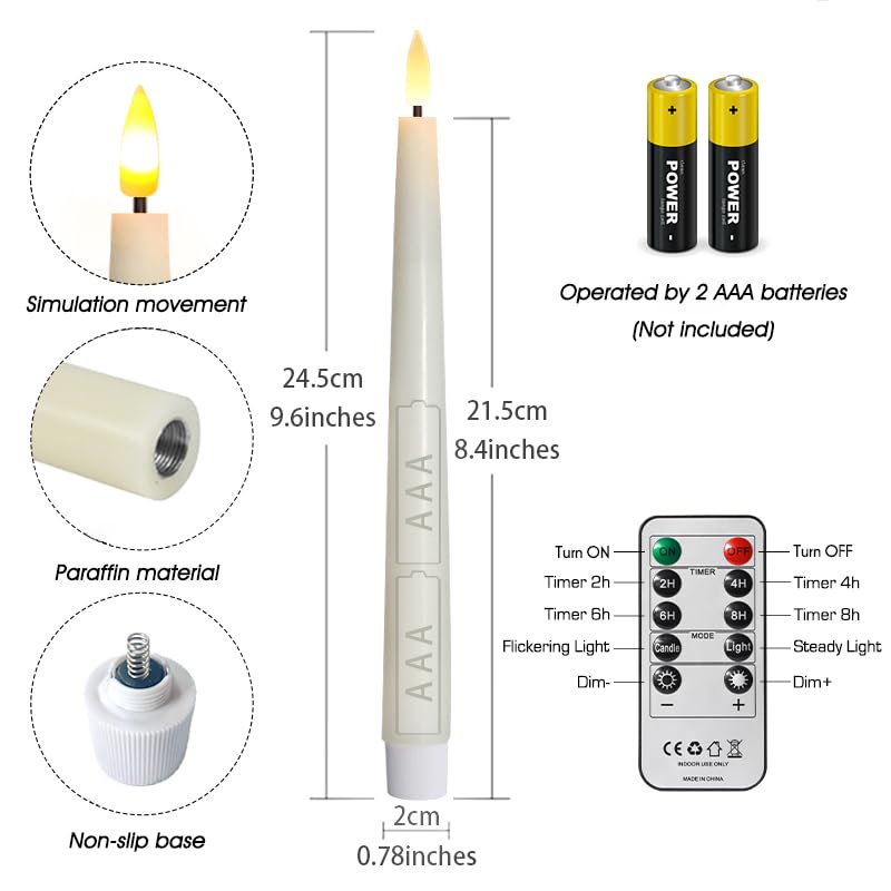FREEPOWER Flameless Taper Candles with Remote Timer, 9.84'’Real Wax LED Candlesticks Battery Operated 3D Flickering Realistic,6PCS Tall Candle
