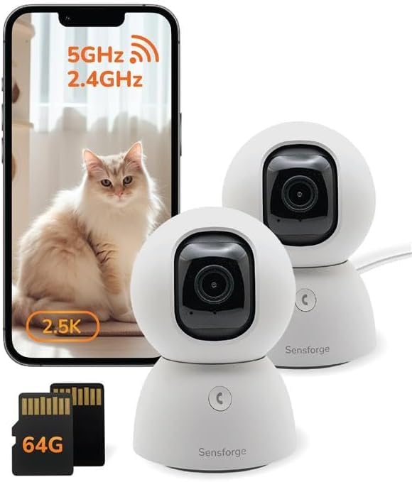 Sensforge 2.5K Indoor Pan-Tilt Dome Security Camera, 360° Coverage, AI Human & Pet Detection, Two-Way Talk, Dual-Band Wi-Fi (2.4G/5G), 64GB SD Card