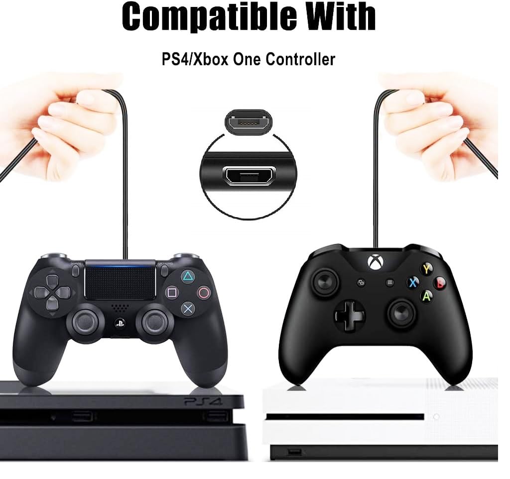 PS4 Controller Charger Cable 2-Pack 10FT Nylon Braided Micro USB Cord Play and Charger Data Sync Cord for PS4 Pro/ PS4 Slim/ DualShock 4, Xbox One