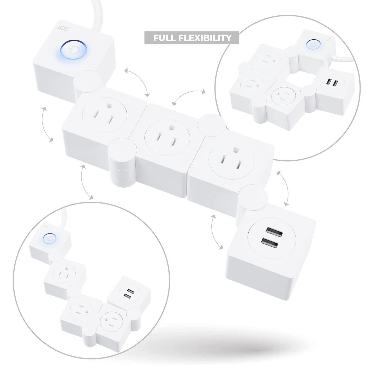 iJoy Flexible Power Strip - 3 AC Outlets and 2 USB Charging Ports with 5 Ft Extension Cord, Power Strip Surge Protector White, Decorative Surge
