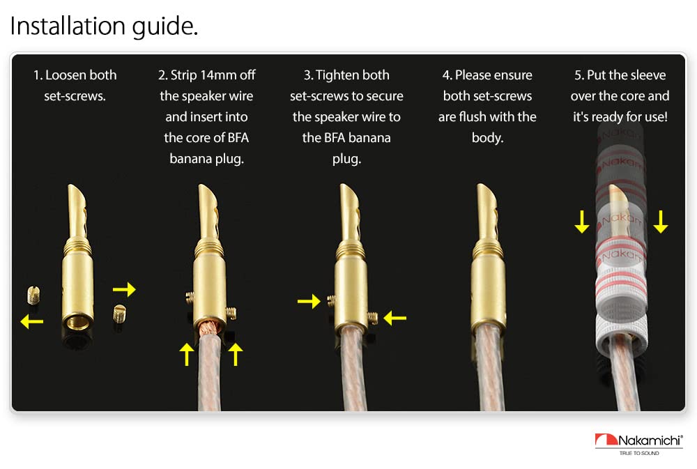 Nakamichi Excel Series 24k Gold Plated BFA Banana Plug 12-18 AWG Gauge Size 4mm for Speakers Amplifier Hi-Fi AV Stereo Home Theatre Audio Wire Cable