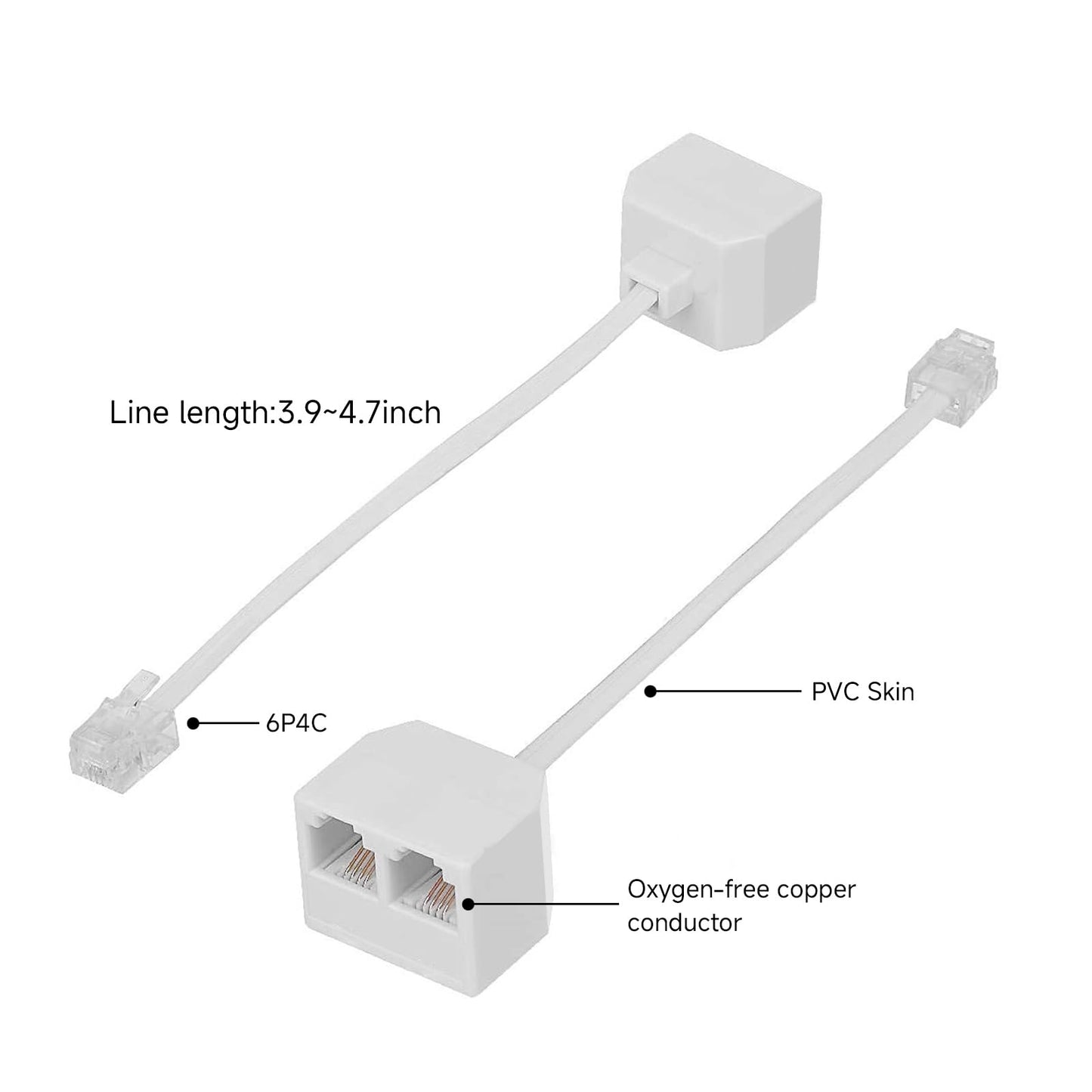 2Pcs Phone Line Splitter, Male to Dual Female 6P4C Telephone Adaptor Splitter, ABS Two Way Phone Splitter, White RJ11 Cable 2 Way Telephone Splitter