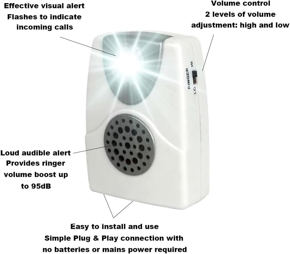 VOCA TA002 Telephone Ringer Amplifier with Flashing Light, up to 105dB, for Landline Phones, Wall Mountable, Ideal for Noisy and Hearing-Impaired
