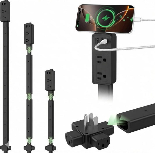 Hard-to-Reach Outlet Extender Stick, Extendable 8.3-36.1 in Slim Wall Outlet Extender with 2 AC Outlets, 2 USB-A & 1 USB-C, Low-Profile Power Stick