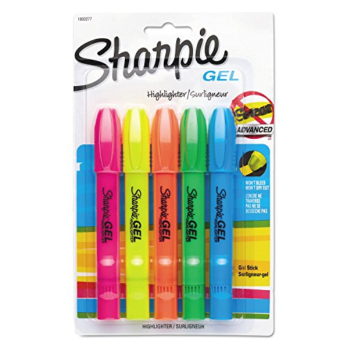 Sharpie Gel Highlighters, Assorted Colors, Smear-Resistant, Bullet Tip, 5 Count - No Bleed, Won't Dry Out