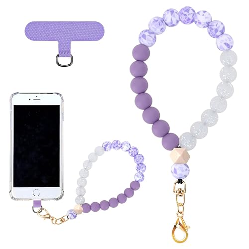VICHUNHO Marble Silicone Beaded Phone Wrist Strap, Cellphone Lanyard with Tether Tab, Elastic Hands-Free Wristlet Bracelet