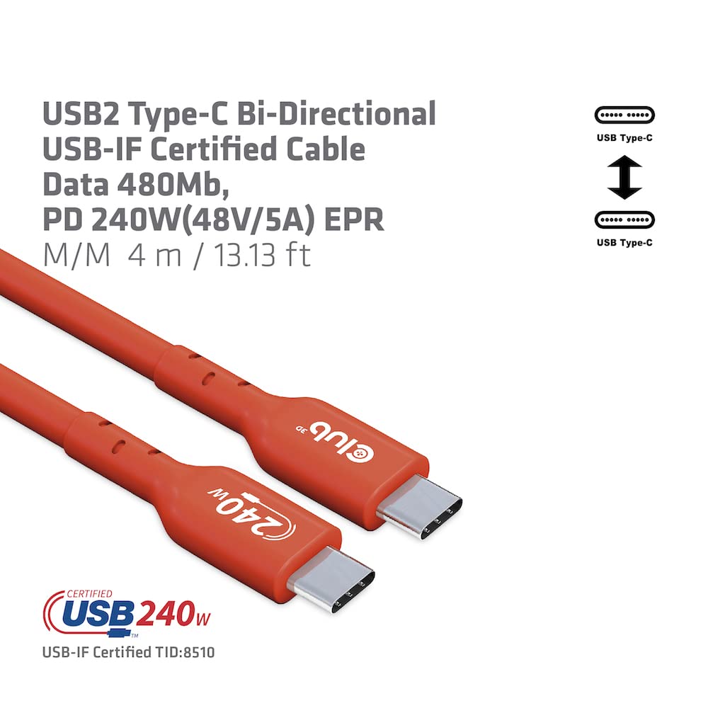 Club 3D CAC-1515 USB2 Type C to Type C Certified Bi-Directional Cable with 240W Charging, 480Mb Data Transmission EPR 4m -13.13ft