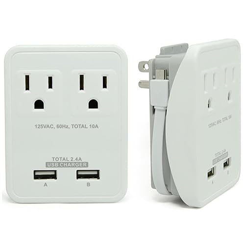 RND Compact Power Station 2.4 Amp Dual USB Ports, 2 AC Outlet Wall Charger (white)