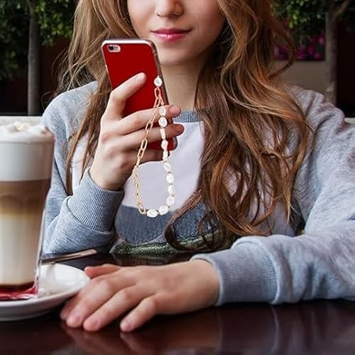 Czhotg Elegant Metal Chain Pearl Phone Lanyard - Adjustable Wrist Strap with Secure Clasp for Hands, Stylish Beaded Phone Accessories Compatible