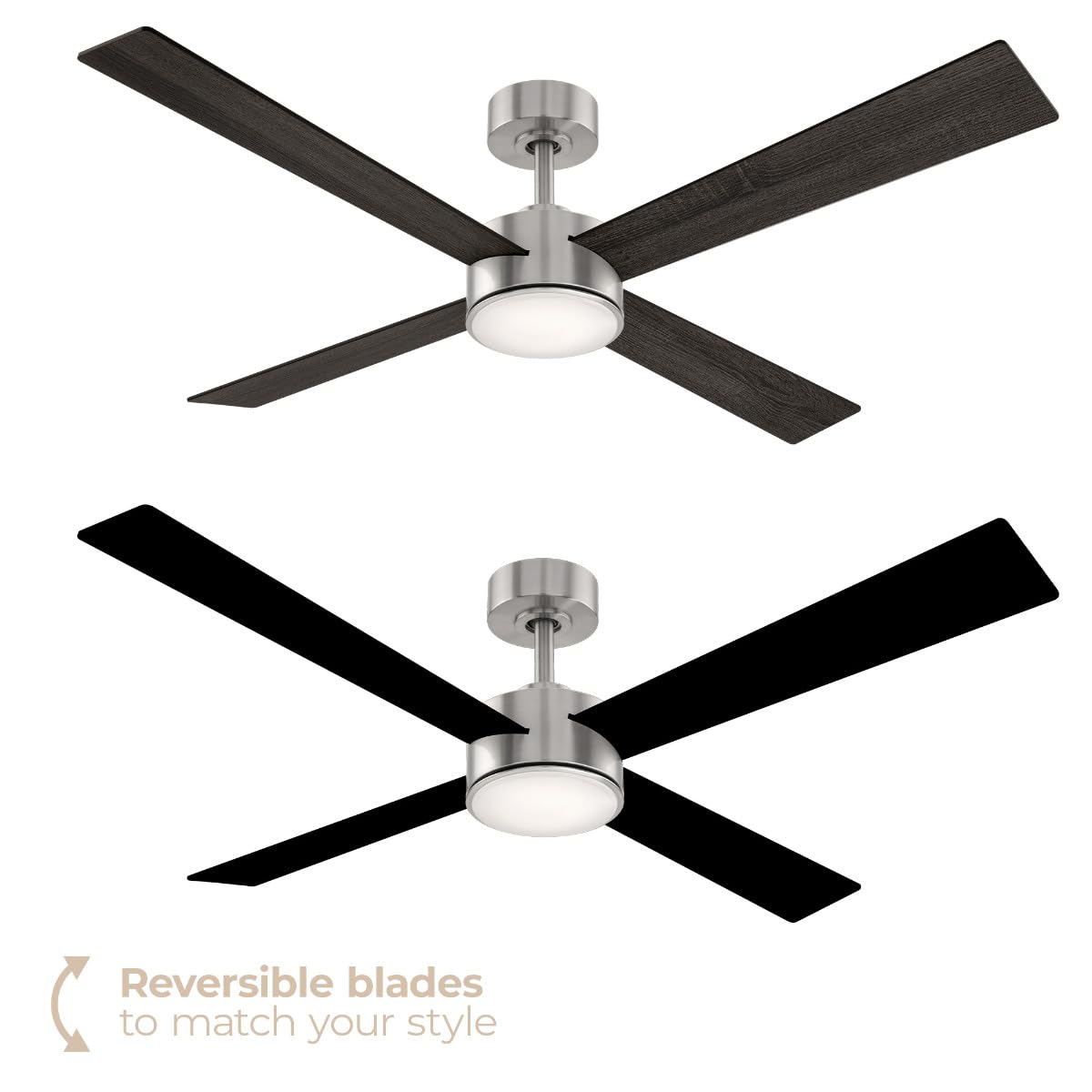 Santorini 4-Blade 52in Smart Indoor or Outdoor Ceiling Fan 2700K-6000K CCT Tunable Range LED Light Kit in Brushed Nickel with Reversible Black