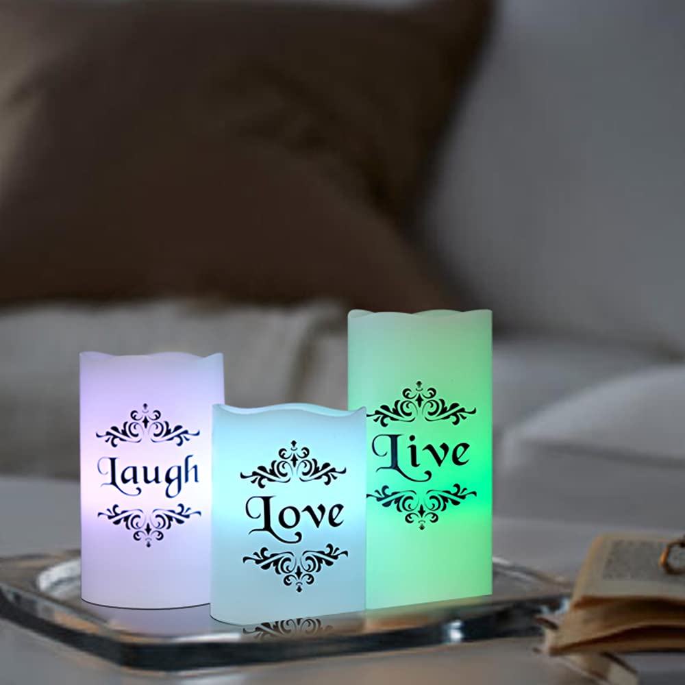 DRomance Color Changing Flameless Candles Battery Operated with 18-Key Remote Timer, 3 Pack Real Wax Live Love Laugh Decal Flickering LED Pillar