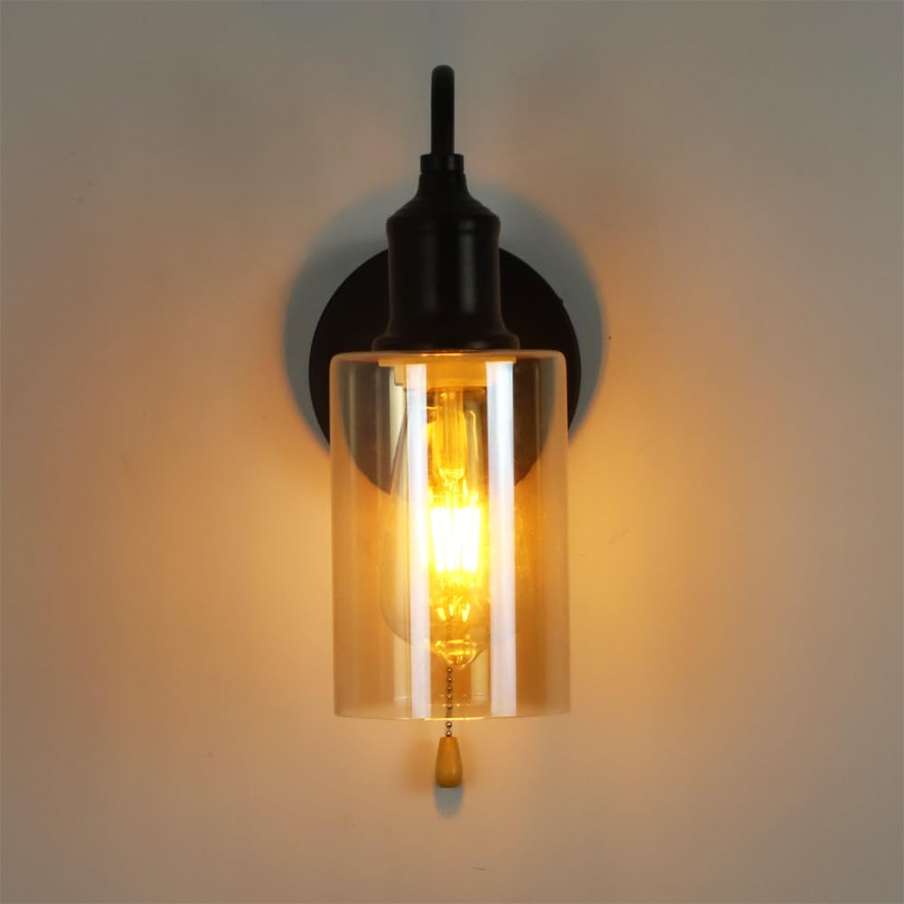 VinTopsh Vintage Glass Wall Sconces with Pull Chain Switch,Bathroom Vanity Wall Light Fixtures for Kitchen Living Room Bedroom Bath Hallway