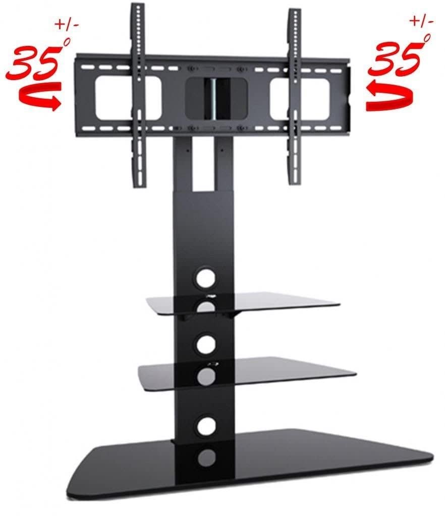2xhome - TV Stand - Universal Modern TV Stand with Integrated Swivel 35 Degree Monitor Plasma Three 3 Display Black Glass Shelf Surfaces Mount Bracket