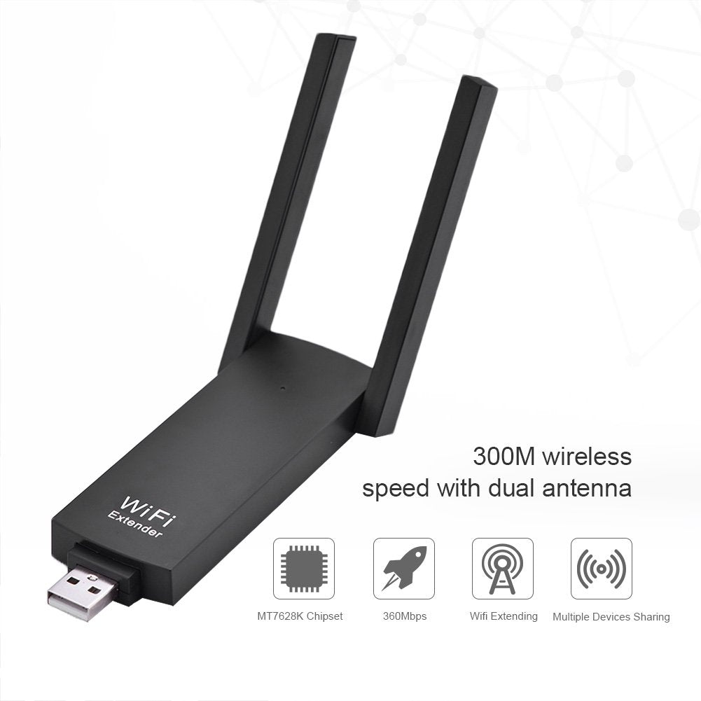 Portable 300M Foldable Dual Antenna USB Range Extender Router Repeater AP Amplifier for Smartphone/Laptop/Desktop etc.
