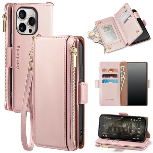 Antsturdy Compatible with iPhone 16 Pro Wallet Case,RFID Blocking PU Leather Phone Case Women Men Kickstand Flip Cover Wrist Strap Zipper Credit Card