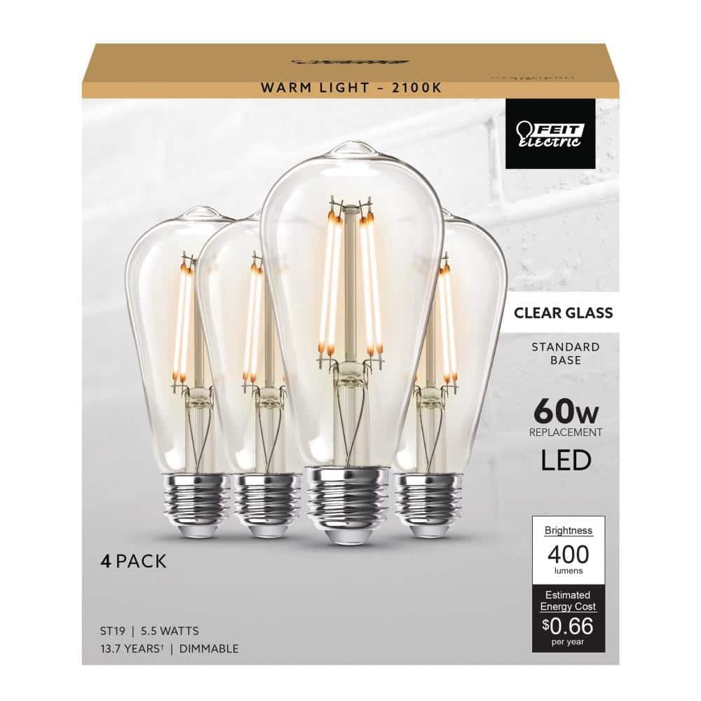 Feit Electric 60-Watt Equivalent ST19 Dimmable Straight Filament Clear Glass E26 Vintage Edison LED Light Bulb, Warm White - 4 Pack