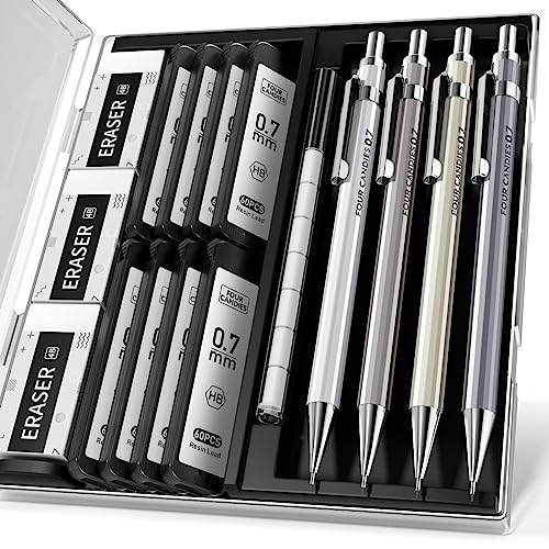 4PCS Metal Mechanical Pencil Set, 0.7mm Medium Point Pack with Storage Case