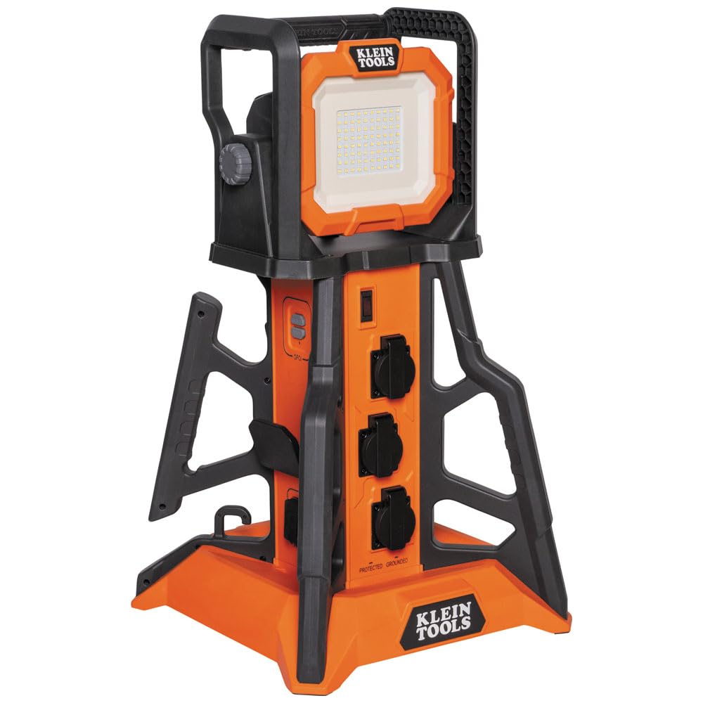 Klein Tools 29610 PowerHub, 6 Surge Protected Covered 15A Outlets, 5000 Lumen Work Light, 4 USB Ports, Built-in GFCI, Overcurrent Protection