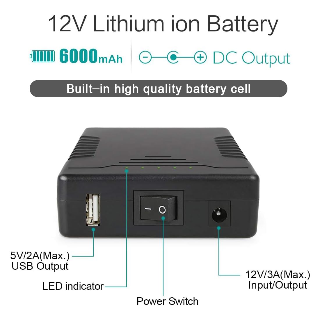 Talentcell Rechargeable 12V 6000mAh/5V 12000mAh DC Output Lithium ion Battery Pack for LED Strip/CCTV Camera/Telescope/Modem and More, Portable Li-ion