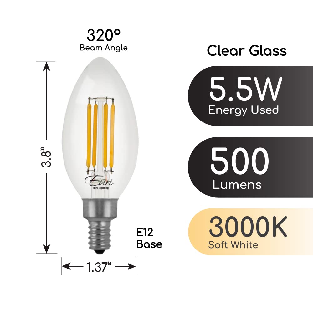 Euri Lighting VB10-3000cec-4, 4-Pack Dimmable LED B10 Filament, 5.5W (50W Equiv) 500lm, 90+ CRI, Soft White (3000K) E12, 120V, Wet Rated, JA8, CA