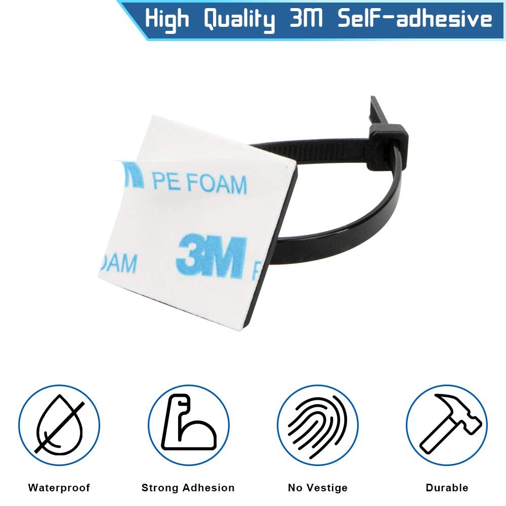 Zip Tie Mount 3/4" Black Small Wire Tie Adhesive Mounting 100 Pcs for Wire Clips Cable Management Cable Tie Anchors for Home Office Wiring Durable