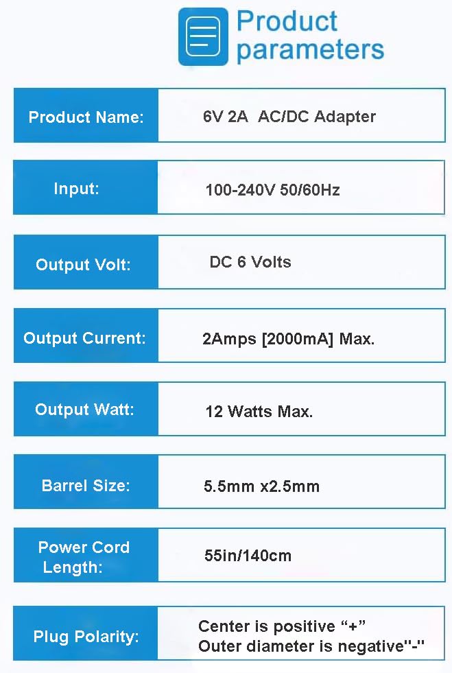 6V 2A Power Supply Adapter 12W Universal AC Adapter AC 100-240V to DC 6V 2000mA Power Adapter with 5.5mmx2.5mm Tip for 2000mA 1500mA 1000mA 800mA…