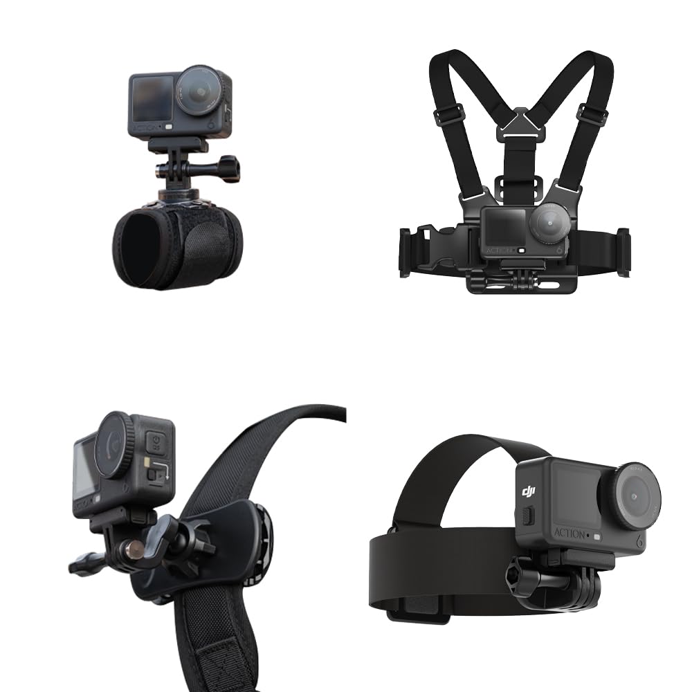 SUREWO 4 in 1 Accessories Set for DJI Action 6/5Pro/4/3/2,Chest Mount Harness/Head Strap Mount/ 360°Rotating Wrist Strap/360° Rotation Quick Clip