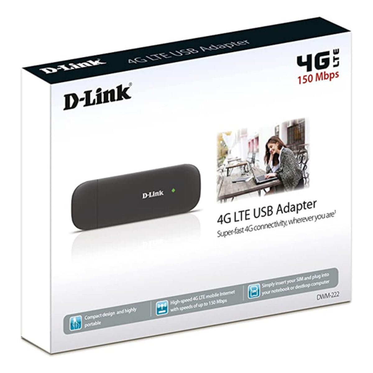 D-Link DWM-222 4G LTE Class 3 USB Adapter with Integrated Antenna for Windows XP/Vista/7/8, Mac OS X 10.5 - Black