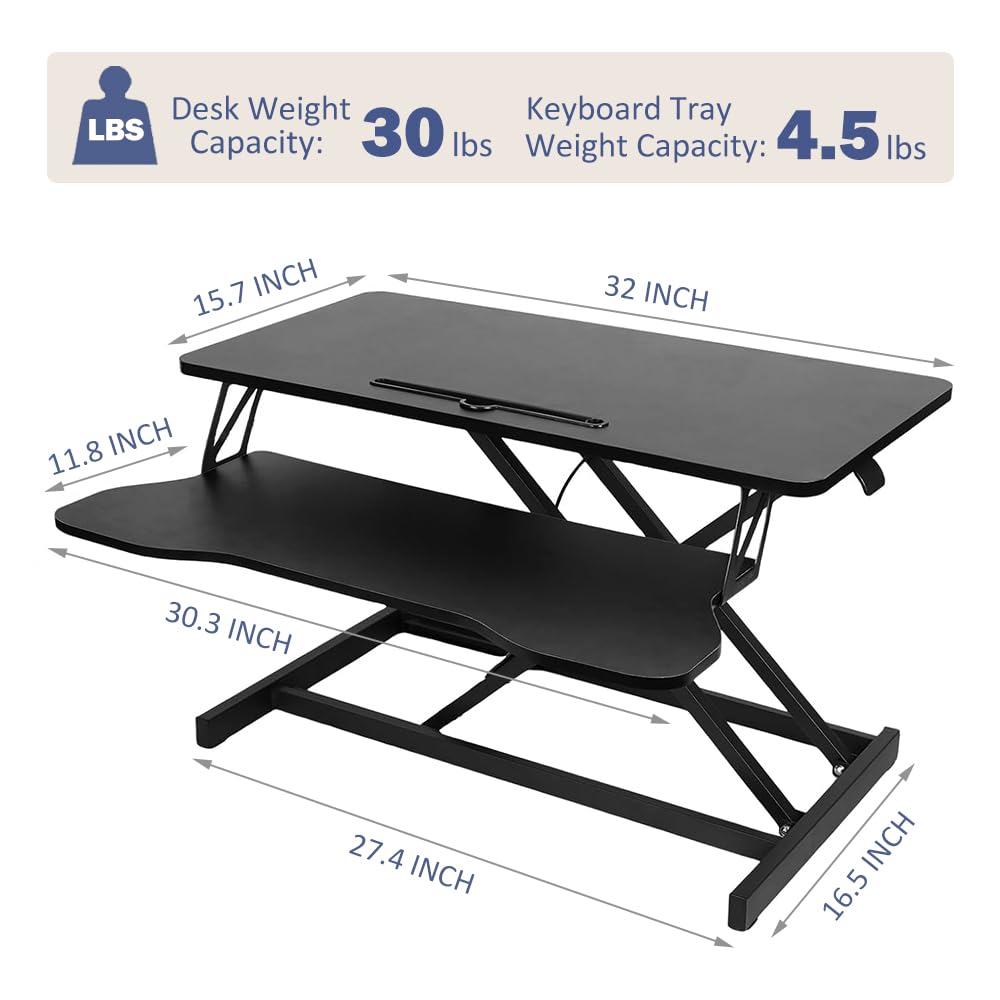 VENLUSUIR Standing Desk Converter 32" - Sit to Stand Desk Converter for Dual Monitors - Height Adjustable Desk Riser for Standing - Home Office