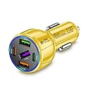 5-Port 75W USB C Car Charger, PD30W & QC3.0 Fast Charging Cigarette Lighter USB Charger Adapter for iPhone/Android/Samsung/iPad (Yellow)