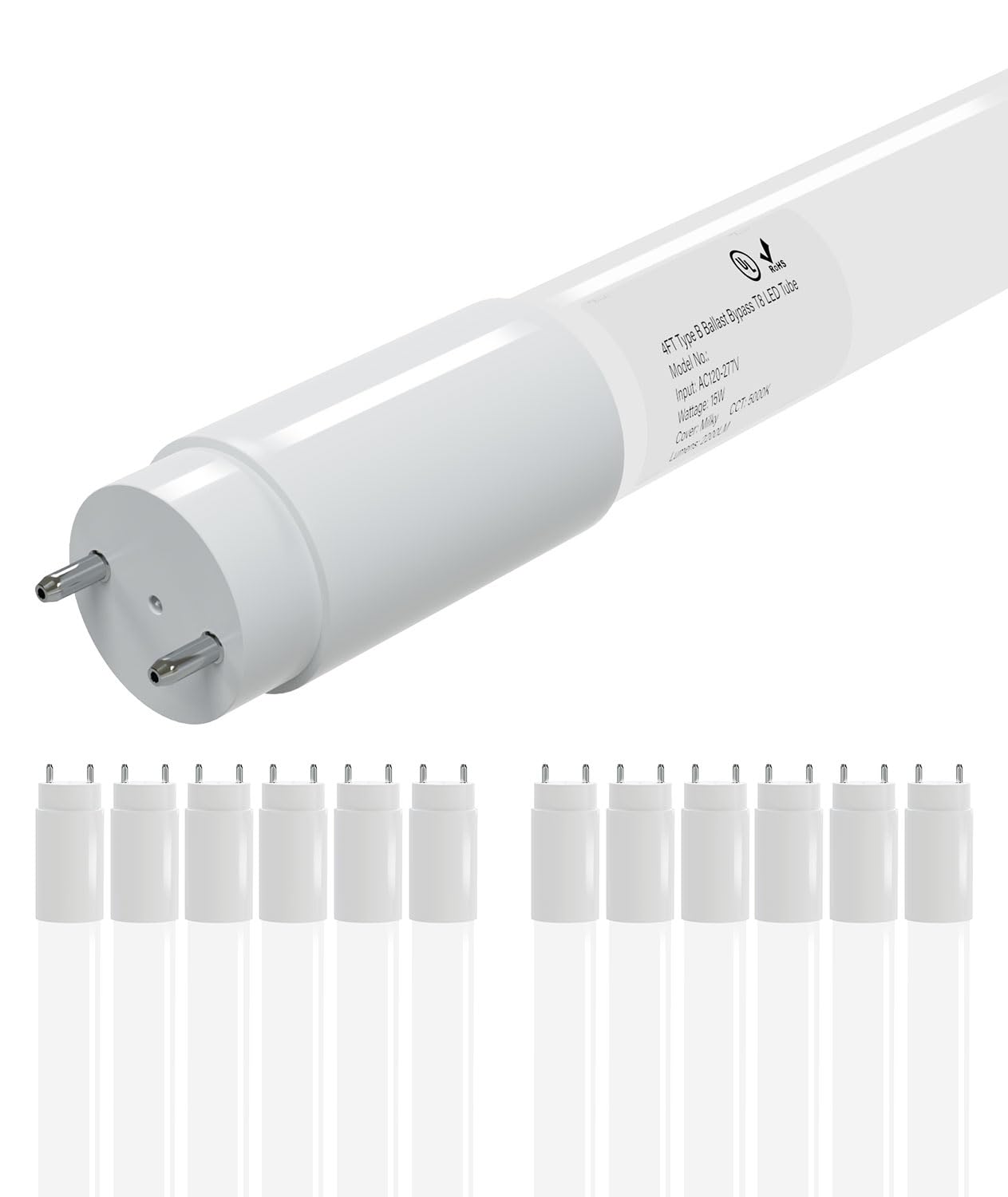 JCE 4FT T8 LED Bulbs,15W (32W Fluorescent Equivalent),5000K Daylight White,1900lm,Ballast Bypass Type B,48 Inch Tube Light,Double/Single-Ended