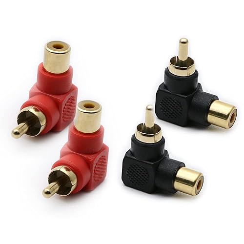 rgzhihuifz RCA Male to RCA Female Connectors Right Angle Plug Adapters M/F 90 Degree Elbow Gold-Plated (2 Black + 2 Red) (4-Pack)