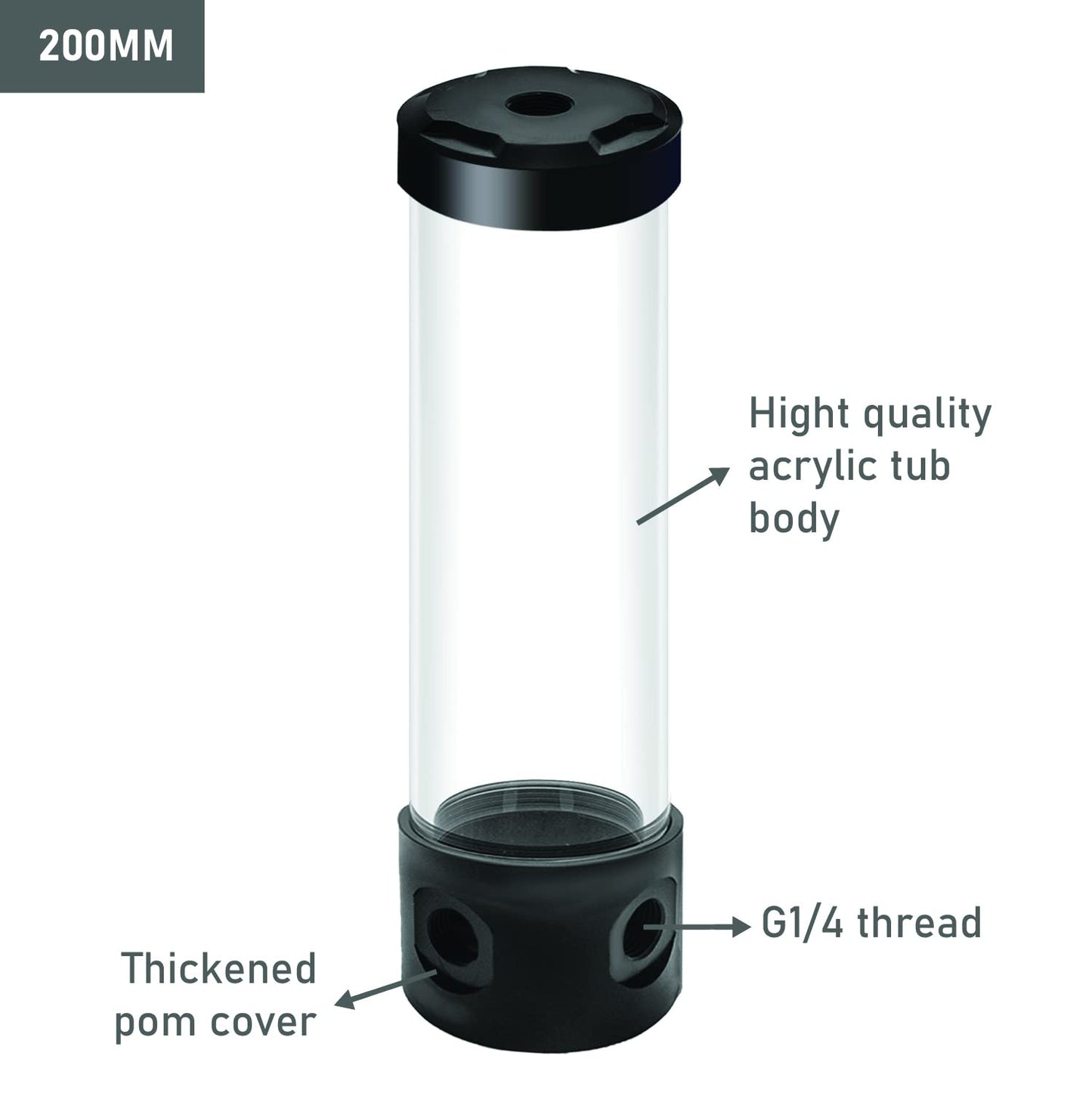 dracaena.io 200mm G1/4" Multi-Port PMMA Acrylic Water Cooling Reservoir, 55mm OD Cylinder Liquid Cooling Tank with Metal Covers for Custom PC Water