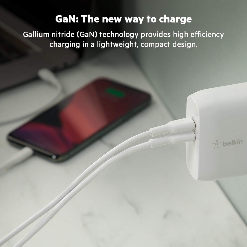 Belkin Dual Port USB C Charger Block 68W - GaN Fast Charging - Type C - USB-C PD Charge for Apple iPhone 17, Air, Samsung Galaxy S25, AirPods, iPad