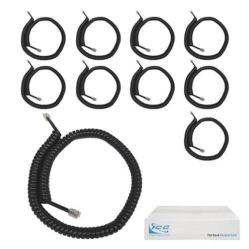 ICC Telephone Handset Cord/Phone Cord, 12 Ft - RJ9 (RJ22) Connectors, Flat Black, 10-Pack - Curly Coiled Tangle-Free Design for PBX & VoIP Phones